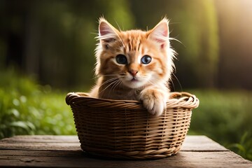 Fototapeta na wymiar a cute little domestic kitten with blue eyes sitting in a basket,