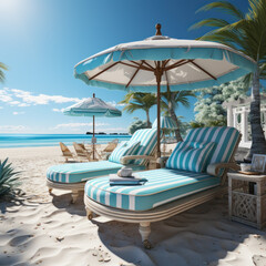 Fototapeta na wymiar A tropical beach with sunbeds under parasols 
