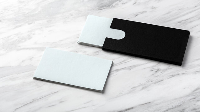 Business card mockup with black paper card holder on white marble background