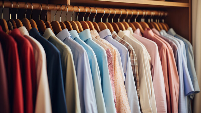 Different Clothes on Hangers in a Row Inside an Almira, Versatile Wardrobe Selection