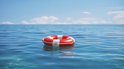 A Red and White Life Preserver Floating on Calm Blue Water, Ensuring Peaceful Waters