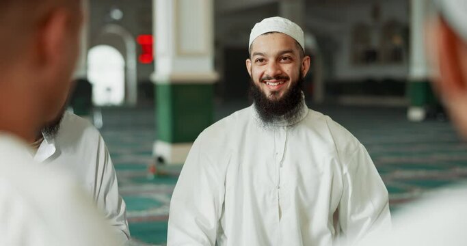 Faith, islamic or men in a mosque for praying, peace and spiritual care in holy religion for Allah. Eyes closed, Ramadan, meditaion or happy Muslim people with trust, hope or gratitude to worship God