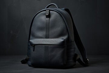 Fashionable black leather backpack on a dark background - obrazy, fototapety, plakaty