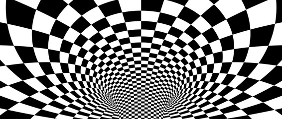 Abstract hypnotic warp checkered background. Black and white check wallpaper. Psychedelic twisted square pattern. Rotating template for posters, banners, cover. Vector optical illusion