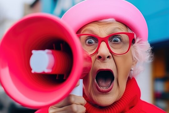Funny crazy elderly woman shouts loudly into a megaphone. Generative AI