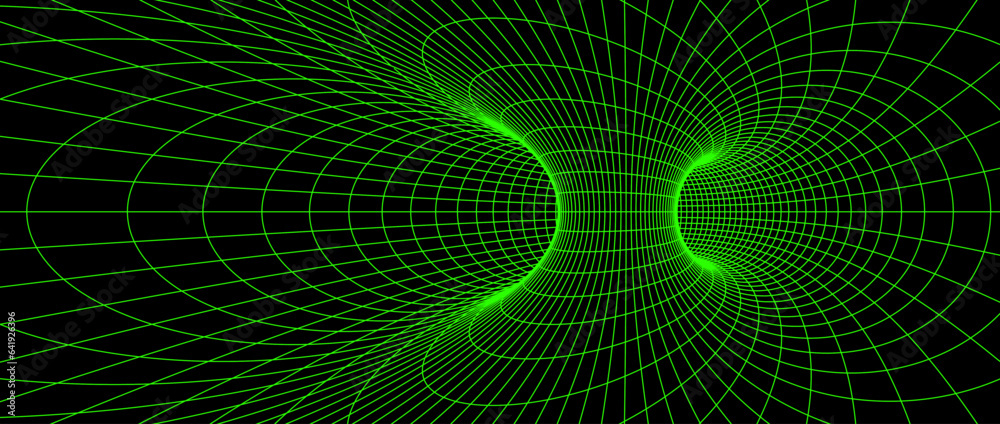Poster Wormhole wireframe structure. Neon geometric lattice grid tunnel backdrop. 3D funnel or vortex texture. Green abstract lines on dark background. Vector illustration wallpaper