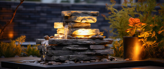 An outdoor fountain display illuminated in the evening. Garden landscape design concept.
