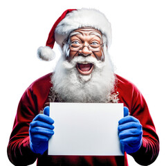 Smiling black Santa Claus in Red Suit Holding a White Paper