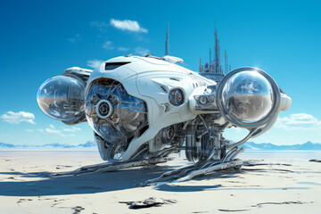 Complex futuristic robotic autonomous vehicle on a desert alien planet