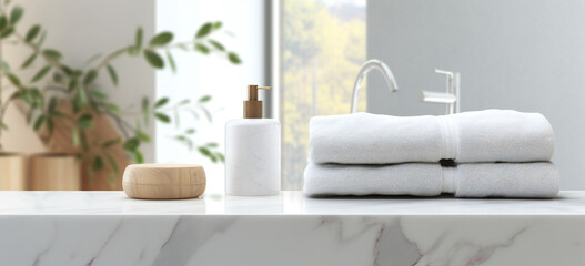 Towels and bath elements in a white marble bathroom