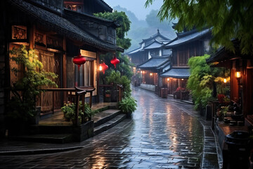 Obraz premium Old chinese town with narrow streets in a rainy day