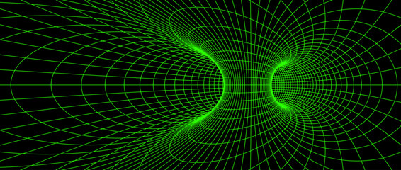 Wormhole wireframe structure. Neon geometric lattice grid tunnel backdrop. 3D funnel or vortex texture. Green abstract lines on dark background. Vector illustration wallpaper
