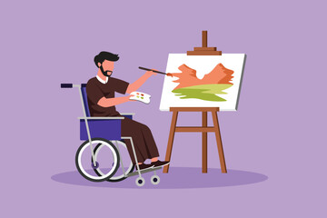 Graphic flat design drawing of disabled Arabian man in wheelchair painting landscape on canvas. Rehabilitation physiotherapy treatment. Physical disability activity. Cartoon style vector illustration