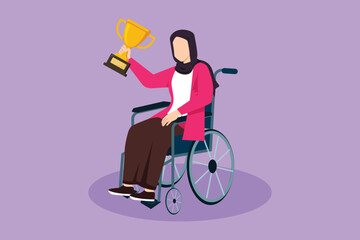 Graphic flat design drawing young pretty Arab woman in wheelchair hold golden cup trophy winner podium. Disabled person. Tournament game competition, sport training. Cartoon style vector illustration