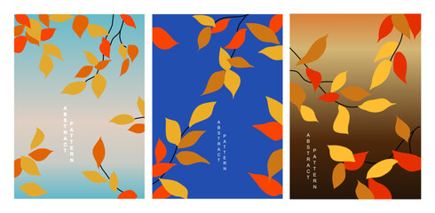 card, poster or cover with bright and beautiful autumn leaves on blu sky background. Contemporary art style. Fall template for advertising, web, social media
