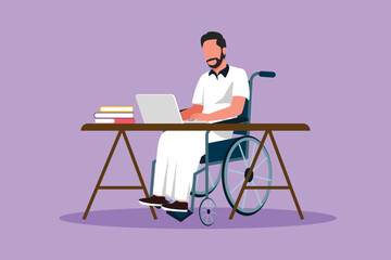 Cartoon flat style drawing of young Arabian man uses wheelchair and working with computer in office. Online job and startup. Physical disability employee at office. Graphic design vector illustration