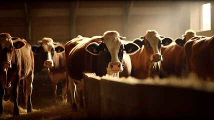 牧場の牛舎で餌を食べる牛・家畜・酪農・畜産のイメージ
