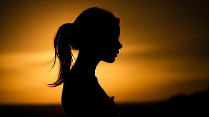 夕日の中にある女性の横顔のシルエット（悲しい・祈り・病気・メンタルヘルス・生理・）
