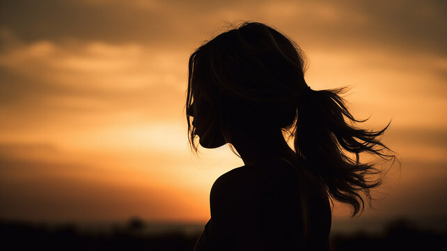 夕日の中にある女性の横顔のシルエット（悲しい・祈り・病気・メンタルヘルス・生理・）
