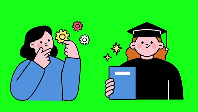 A girl is thinking of an idea with gears in her hands. She is wearing a mortarboard and holding her graduation thesis in her hands. 2D animation HD video clip on green screen.