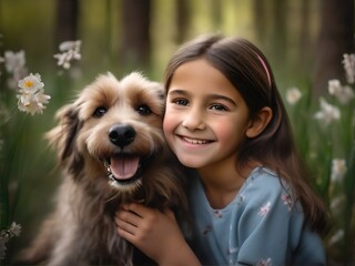 girl with his dog in a warm forest	