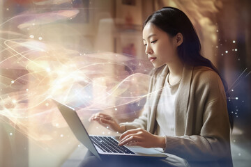 Amidst vivid orange light effects, a young technologist woman works diligently on her laptop indoors, seamlessly blending technology into her life. Generative AI.