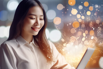 Amidst vivid orange light effects, a young technologist woman works diligently on her laptop indoors, seamlessly blending technology into her life. Generative AI.