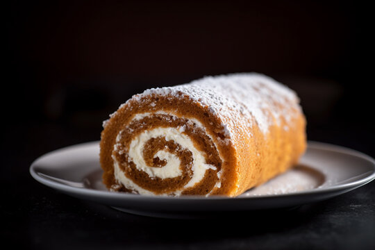 Seasonal pumpkin roll dessert on plate on dark background