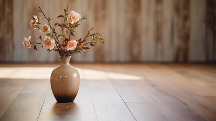 A Vase with Flowers Gracefully Resting on a Wooden Floor, a Timeless Display of Natural Beauty