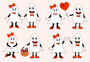 Retro set 70s 60s 80s Hippie Groovy Halloween Ghosts girl and boy in love. Holding hands. Gives a heart balloon. Show the peace sign. Brought a pumpkin with sweets. Vector flat.