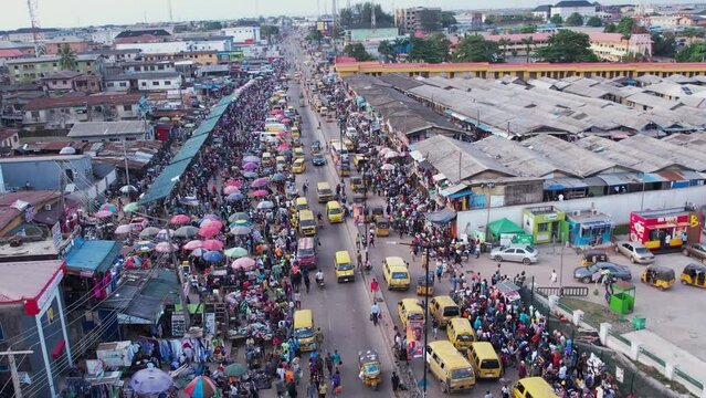 Drone shot of  Busy street heavy traffic,Africa congestion and  busy road in Nigeria Africa