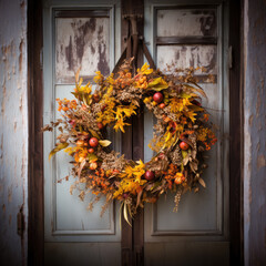 Fototapeta na wymiar Autumn Wreath Hanging on an Old Distressed Door