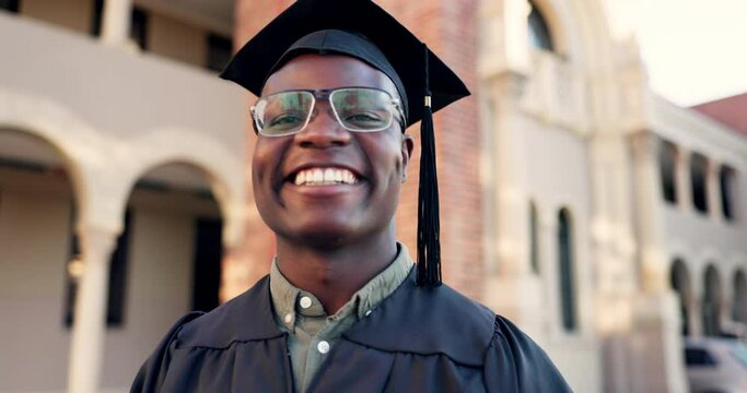 Happy black man, student and graduation, scholarship or career ambition in success at campus. Portrait of African male person or graduate smile in higher education or milestone achievement at college