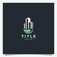 Fototapeta premium Green leaf with city buildings silhouette. Vector logo template. Abstract design concept for ecology theme, real estate agency, building company, urban landscape, city life