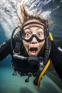 Surprised woman diving underwater. Generative AI