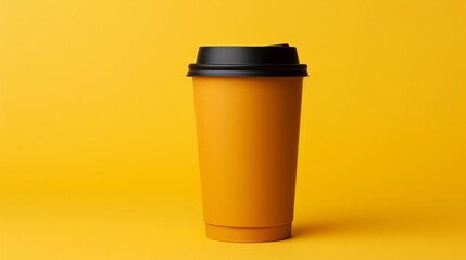 A Yellow Coffee Cup with a Brown Lid Rests Gracefully on a Matching Yellow Surface, Inviting Warm Sips in Radiant Surroundings