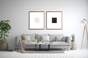 Two mock up poster frames on modern interior background, living room, Scandinavian style, 3D rendering, 3D illustration