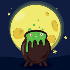 Potion in cauldron, witches potion, Halloween holiday, green boiling liquid, isolated, holiday card, cartoon vector