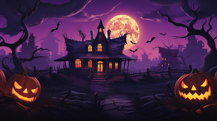 A Spooky House and Jack-O-Lanterns Seen by the Light of a Full Moon Backdrop