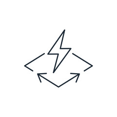 A place with lightning limited by arrows pointers. Conflict zone. Dangerous territory. Vector linear icon isolated on white background.