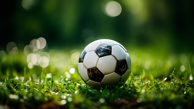 This image shows a soccer ball sitting on top of a lush green soccer field