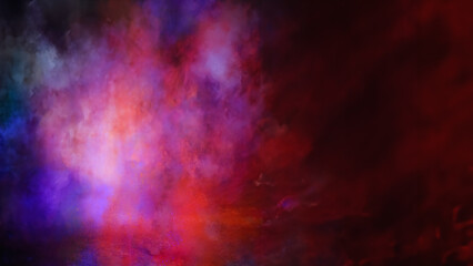 Abstract display of multi-colored powder and smoke erupting and overflowing against a dark...