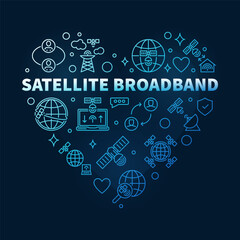 Satellite Broadband vector outline heart shaped blue banner. Internet Technology concept illustration