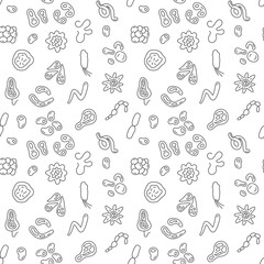 Vector seamless pattern with virus, bacteria and microbe concept outline symbols