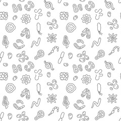 Vector seamless pattern with virus, bacteria and microbe concept outline symbols