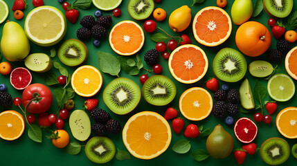 Abundant Variety of Halved and Whole Fruits on a Lush Green Background