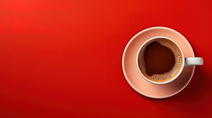 Minimalist cup of coffee on red background advertising photography top view. Generative Ai