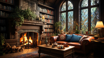 Luxury old living room or library with fireplace. Generative Ai
