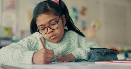 School, education and girl kid writing, drawing and learning art, color or lesson for skills and child development. Children, classroom and student with notebook for creative assessment or sketch