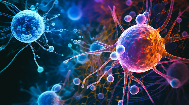 a close-up view of healthy lung cells under a microscope, exhibiting vibrant fluorescence as they interact with influenza virus particles. The cells appear intricate and dynamic